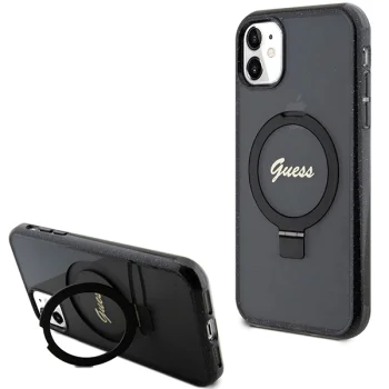 Guess iPhone 11 / Xr vāciņš Ring Stand Script Glitter MagSafe, melns