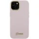 Guess iPhone 15 vāciņš Silicone Script Metal Logo & Frame, rozā