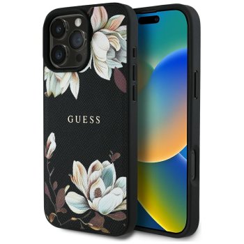 Guess grained drukāts ziedu raksta MagSafe apvalks iPhone 16 Pro Max, melns | Phone Case Cover