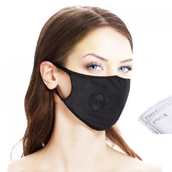 Kokvilnas tekstila sejas maska aizsargs aizsegs PM 2.5 ar respiratora vārstu, Melns | Face Mask Protective Cover Shield