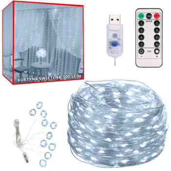 Ziemassvētku Gaismas Aizkars, Virtene uz Stieples, 300 LED, 3x3 m, Auksti Balta