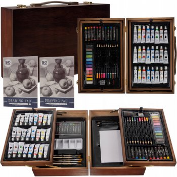 MAALEO Mākslinieka zīmēšanas, gleznošanas piederumu komplekts koka koferī bērniem, 85 gb. (zīmuļi, krāsas,...