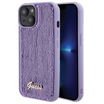 Guess iPhone 15 vāciņš Sequin Script Metal, violets