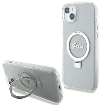 Прозрачный чехол Guess Ring Stand Script Glitter MagSafe для iPhone 15 Plus / 14 Plus