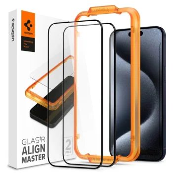 Spigen iPhone 15 Pro aizsargstikls ALM Glass FC, melns (2 gab.)