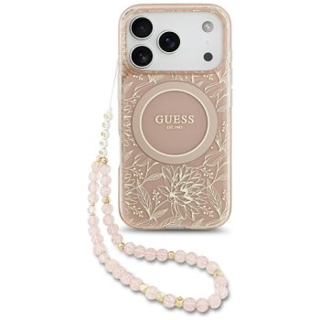 Guess IML Flowers Electro Pearl Strap MagSafe vāciņš priekš iPhone 17 Pro – rozā | Phone Case Cover