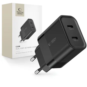 Tech-Protect C20W tīkla lādētājs 2x USB-C PD 20W, melns