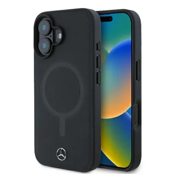 Чехол Mercedes для iPhone 16 Plain Smooth Leather MagSafe, черный