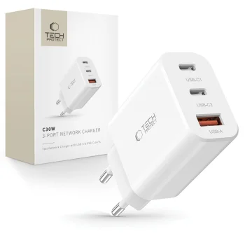 Зарядное устройство Tech-Protect NC30W 2x USB-C PD 30W / USB-A QC 3.0, белое