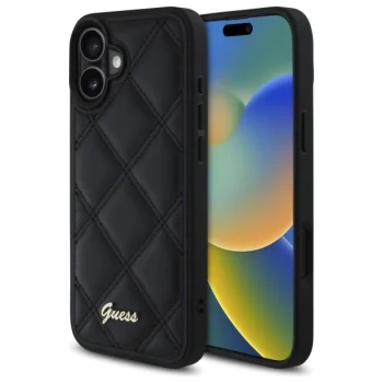 Guess iPhone 16 Plus vāciņš Quilted Metal Logo, melns