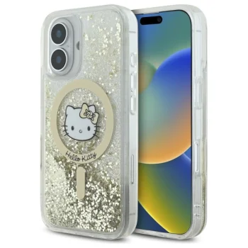 Чехол Hello Kitty для iPhone 16 Liquid Glitter Fever MagSafe, золотистый