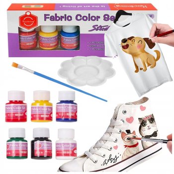 Clothes and Shoe Paints Fabric Dyes, Set of 6 Colours x 25ml + Brush and Painting Palette