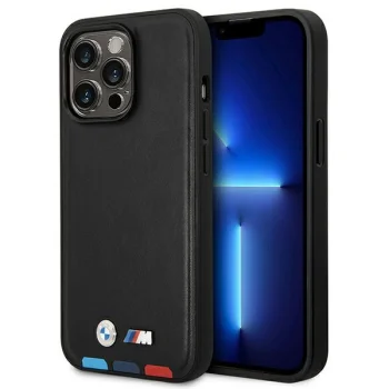Чехол BMW для iPhone 14 Pro Max Leather Stamp Tricolor MagSafe Черный