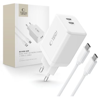 Tech-Protect NC45W-GAN 2-PORT PD45W lādētājs + TYPE-C kabelis – balts