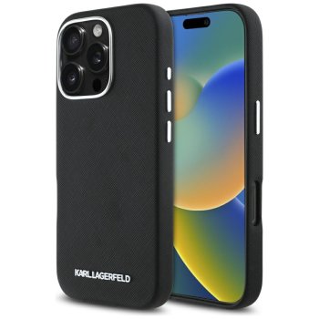 Karl Lagerfeld Saffiano pilnībā aptvertais pagarinātais metāla logotipa MagSafe vāciņš iPhone 16 Pro Max - melns...