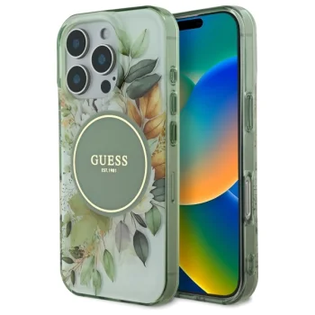 Guess iPhone 16 Pro Max vāciņš IML Flower & Tonal Circle MagSafe, zaļš