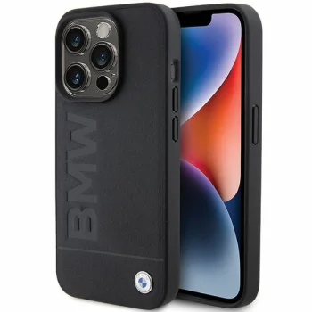 BMW iPhone 15 Pro vāciņš Leather Hot Stamp, melns