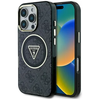 Guess IML Metal Glitter 4G Circle Triangle MagSafe чехол для iPhone 16 Pro Max - Черный