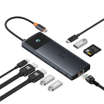 Хаб 10-в-1 Baseus Metal Gleam Series USB-C на USB-C PD / USB-C / 3x USB-A / 2x HDMI / RJ-45 / SD / TF -...