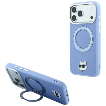 Karl Lagerfeld iPhone 18 Pro / 17 Pro vāciņš Ring Stand 360 Choupette MagSafe, gaiši zils
