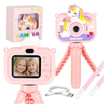 Bērnu digitālais fotoaparāts ar statīvu Vienradzis, 1080P, 8GB, rozā
