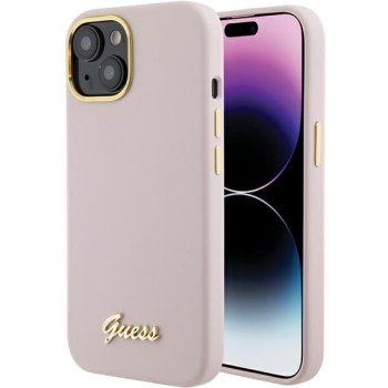Guess iPhone 15 vāciņš Silicone Script Metal Logo & Frame, rozā