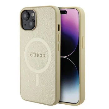 Apple iPhone 15 6.1'' Guess Saffiano MagSafe Case Cover (GUHMP15SPSAHMCB), Gold | Telefona Maciņš Vāks Apvalks...