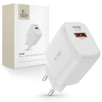 Tech-Protect C20W tīkla lādētājs USB-C PD 20W / USB-A QC 3.0, balts