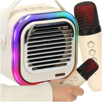 Karaoke Machine with Bluetooth Speaker and 2 Microphones, USB LED 10W, Cream