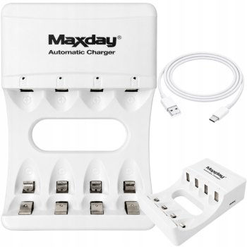 Maxday 704A2 AA/AAA akumulatoru lādētājs ar USB-C, 4 sloti, balts