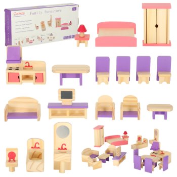 Koka mēbeļu komplekts leļļu mājai, 19 elementi, violets