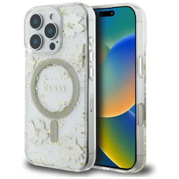 Guess Resin Flowers Glitter MagSafe iPhone 16 Pro Max vāciņš – bēšs | Phone Case Cover