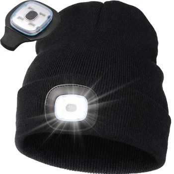 Ziemas/rudens cepure ar iebūvētu LED lukturīti, USB uzlāde, 3 režīmi, melna