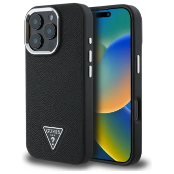 Guess iPhone 16 Pro Max vāciņš Grained Triangle MagSafe, melns