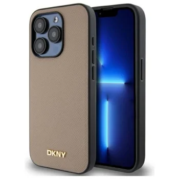 Чехол DKNY для iPhone 15 Pro Max Grained Metal Logo MagSafe, бежевый