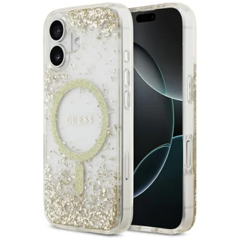Guess iPhone 17 vāciņš Resin Bottom Glitter MagSafe, zelta