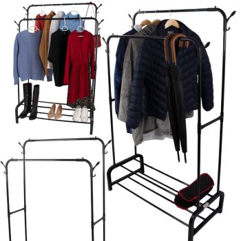 Drēbju statīvs ar apavu plauktiem, metāla garderobes sistēma, melns