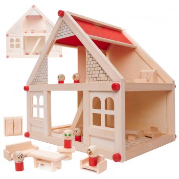 Bērnu Spēļu Koka Leļļu Māja ar Mēbelēm un Lellēm / Konstruktors, 40cm | Wooden Play Dollhouse with Furniture