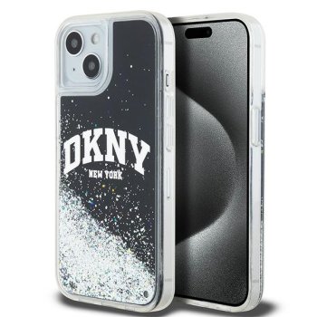 Чехол DKNY для iPhone 15 Liquid Glitters Arch Logo, черный