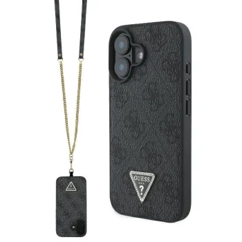Guess iPhone 16 vāciņš Leather Metal Logo Strass Crossbody, melns