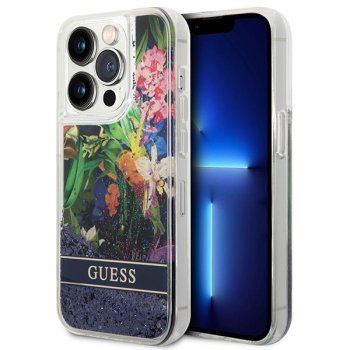Apple iPhone 14 Pro Max 6.7'' Guess Flower Liquid Glitter Case Cover, Blue