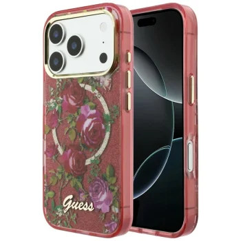 Чехол Guess IML Glitter Blossom Roses для iPhone 17/18 Pro Max, MagSafe, бордовый