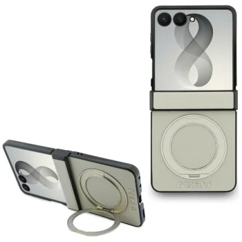 Guess Magnetic Ring Stand Grained Classic Logo MagSafe vāciņš Samsung Galaxy Z Flip 8, bēšs
