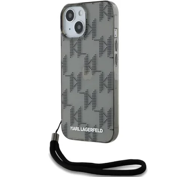 Karl Lagerfeld iPhone 15 / 14 / 13 vāciņš IML Mono KL Pattern & Cord, melns