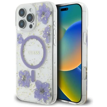 Guess Resin Flowers MagSafe чехол для iPhone 16 Pro Max – фиолетовый