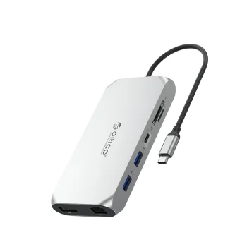 Док-станция USB-C Orico XCR 12в1 100W PD 2x HDMI DP RJ45, серебристая