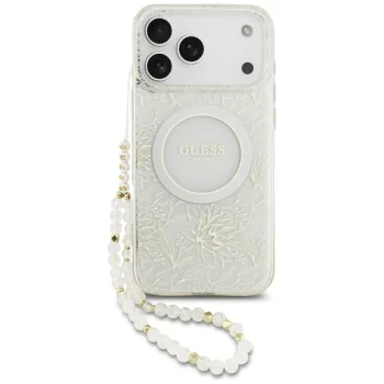 Guess IML Flowers Allover MagSafe vāciņš iPhone 18 Pro Max / 17 Pro Max ar pērļu siksniņu, balts