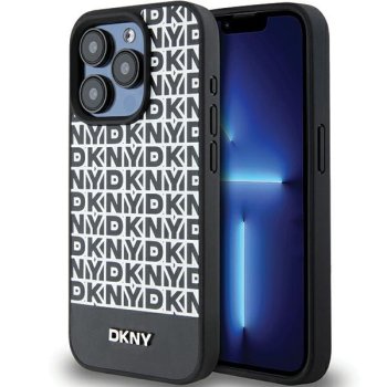 DKNY iPhone 15 Pro vāciņš Leather Printed Pattern Metal Logo MagSafe, melns
