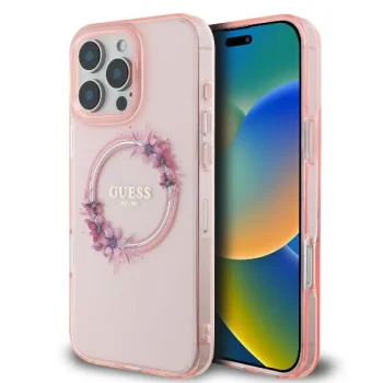 Guess IML Flowers Wreath MagSafe futrālis iPhone 16 Pro - rozā krāsā | case for pink