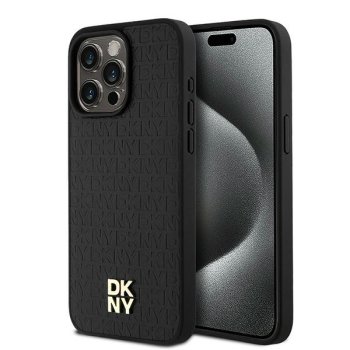 DKNY iPhone 15 Pro Max Case Leather Monogram Pattern MagSafe, Black